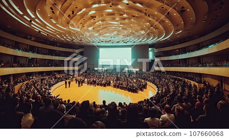 an auditorium with people sitting on the floor and one person standing in front of the audience looking at the screen an auditorium with people sitting on the floor and one person standing in front of the audience looking at the screen 107660068