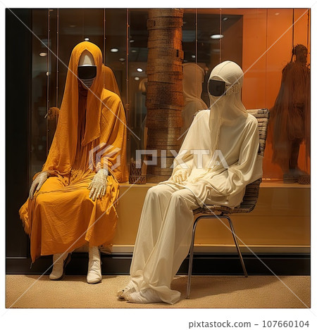 two manne dressed in yellow robes sitting next to each other manne wearing white ones on their heads and legs two manne dressed in yellow robes sitting next to each other manne wearing white ones on their heads and legs 107660104