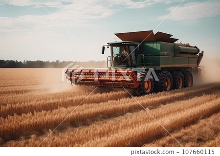 a combine in the middle of a wheat field on a sunny day, with blue sky and white clouds overhead 107660115