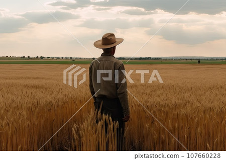 a man standing in a wheat field with his back to the camera he is wearing a hat and looking at the sky 107660228