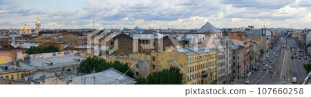 top view of Ligovsky Prospekt and Vladimir church in the historical center of St. Petersburg 107660258