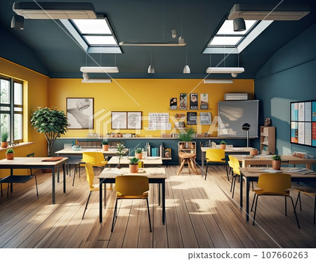 an office with yellow and blue walls, wooden flooring, two desks and chairs in the room is lit by skylights 107660263