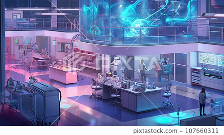 the inside of a hospital room with people working on computers and medical equipment in the background is an image of a large glass dome the inside of a hospital room with people working on computers and medical equipment in the background is an image of a large glass dome 107660311