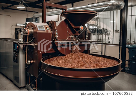 coffee beans being milled into a grinder in a commercial coffee roasting machine at the company's factory 107660552