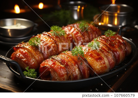 Christmas homemade Bacon Pigs in blankets for traditional festive dinner. Close up Christmas homemade Bacon Pigs in blankets for traditional festive dinner. Close up 107660579