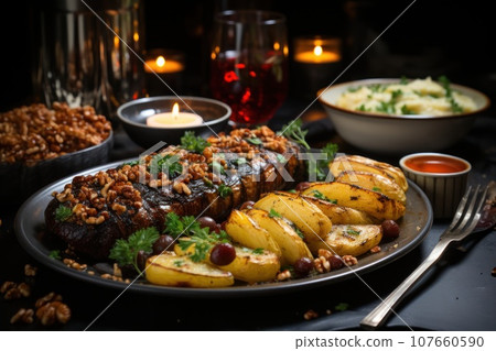 Vegetarian Christmas dinner with nut roasted. Traditional dish for Xmas. Vegetarian Christmas dinner with nut roasted. Traditional dish for Xmas. 107660590