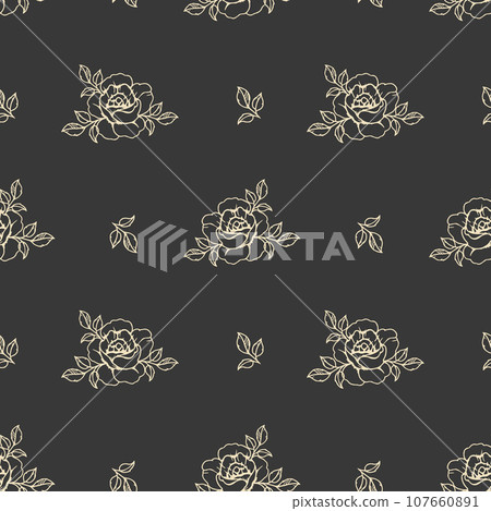 Seamless pattern, golden contour rose flowers on a dark background. Print, floral background, textile. Vector 107660891