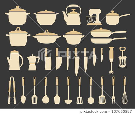 Big set of kitchen utensils, silhouette. Pots, frying pans, ladle, kettle, coffee maker, mixer, blender, knives. Icons, vector 107660897