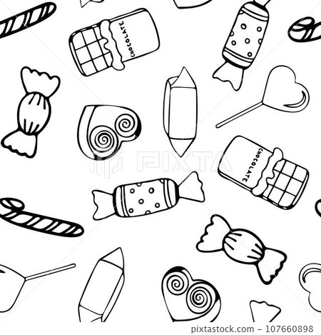 Vector Seamless pattern with candy. Repeat pattern design. With chocolate, lollipop, sweet and caramel on background. Hand-drawn pattern for wrapping, fabric, birthday, holiday and design. 107660898