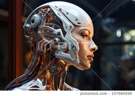 a woman's face with an artificial head in front of her, as if it is looking at the camera 107660899