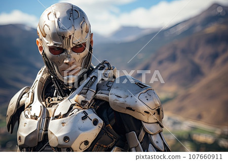 an iron man standing in front of a mountain range with the sun shining on his face and red eye glasses an iron man standing in front of a mountain range with the sun shining on his face and red eye glasses 107660911
