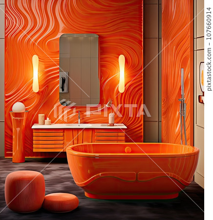 a bathroom with an orange bathtub and two stools in the background is a large mirror on the wall a bathroom with an orange bathtub and two stools in the background is a large mirror on the wall 107660914