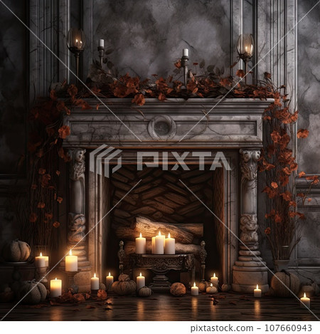 a fireplace with candles and pumpkins on the mantle, in front of a dark room filled with autumn leaves a fireplace with candles and pumpkins on the mantle, in front of a dark room filled with autumn leaves 107660943