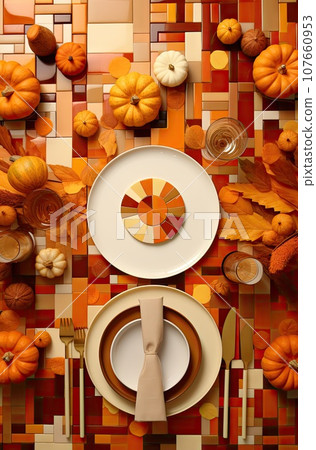 an autumn table setting with pumpkins, leaves and other fall decor items on the table top view from above an autumn table setting with pumpkins, leaves and other fall decor items on the table top view from above 107660953