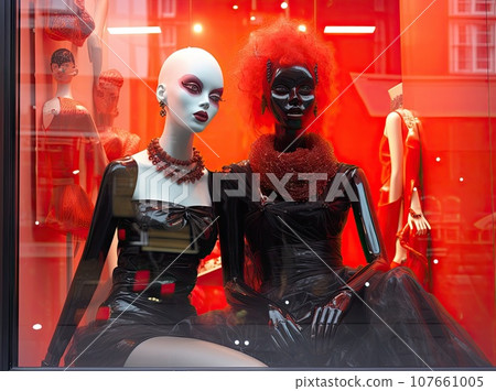 two manns in a store window with red and black clothing on display, one is dressed as a woman's head 107661005