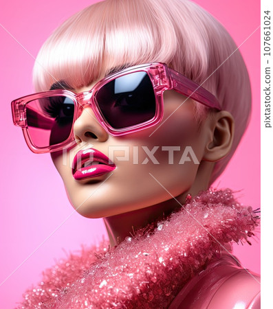 a woman with pink hair and sunglasses, looking at the camera while she's wearing a sparky outfit 107661024