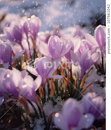 purple crocs in the snow, with water droplets on them and drops falling from the top to the bottom purple crocs in the snow, with water droplets on them and drops falling from the top to the bottom 107661042
