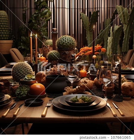 a table set for thanksgiving dinner with candles, pumpkins and cacturins on the dining room table a table set for thanksgiving dinner with candles, pumpkins and cacturins on the dining room table 107661065
