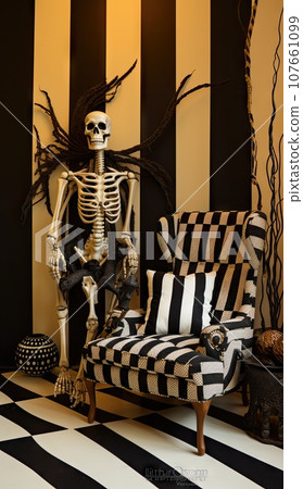 a skeleton sitting on a couch in front of a black and white striped wallpapered room with a chair a skeleton sitting on a couch in front of a black and white striped wallpapered room with a chair 107661099