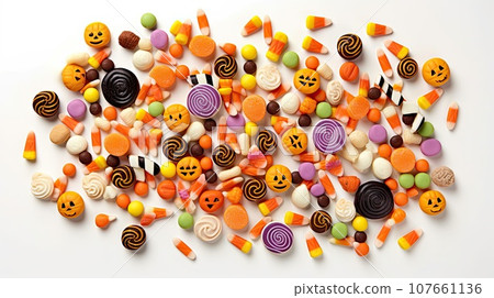 halloween candy candis on a white background with the words happy halloween written in orange and yellow letters above them 107661136