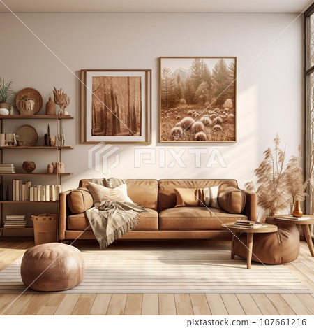 a living room with wood flooring and brown leather couches, two framed pictures on the wall above them a living room with wood flooring and brown leather couches, two framed pictures on the wall above them 107661216