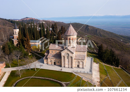 Aerial view of the Bodbe Monastery of St. Nino. Georgia 107661234