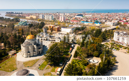 View from drone of Cathedral and center of Poti, Georgia 107661259
