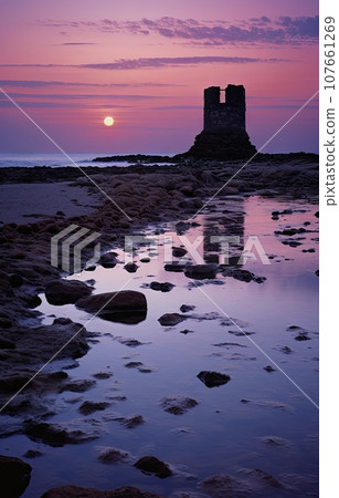 the sun setting over an old castle on the beach at low tide in northumberland, england by pacificstocker 107661269