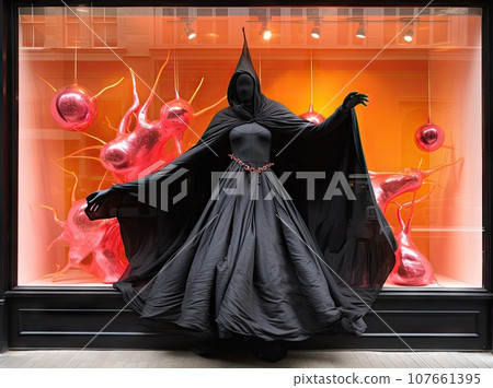 a woman in a black dress and caper standing next to a window display with pink flowers on it's sides 107661395