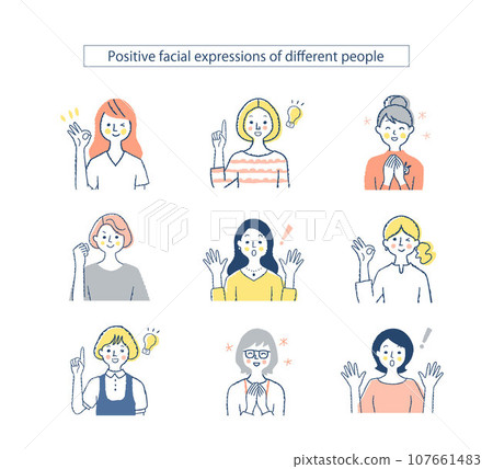 Various female facial expressions Positive f1.2.3.5.6.+b 107661483