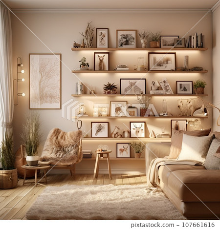 a living room with pictures on the wall and shelves above it, there is a chair in front of the couch 107661616