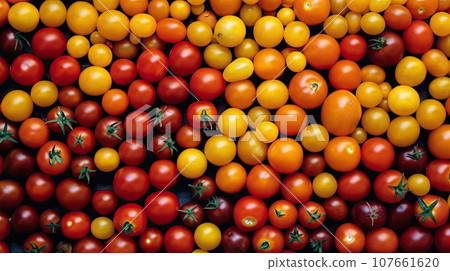 many different types of tomatoes on the same surface, with one red and one yellow tomato in the other orange many different types of tomatoes on the same surface, with one red and one yellow tomato in the other orange 107661620