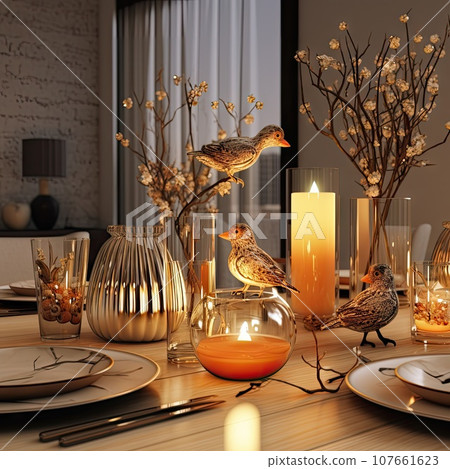 a table setting with candles, flowers and birds in the centerpieces on each place setting is made from natural materials 107661623