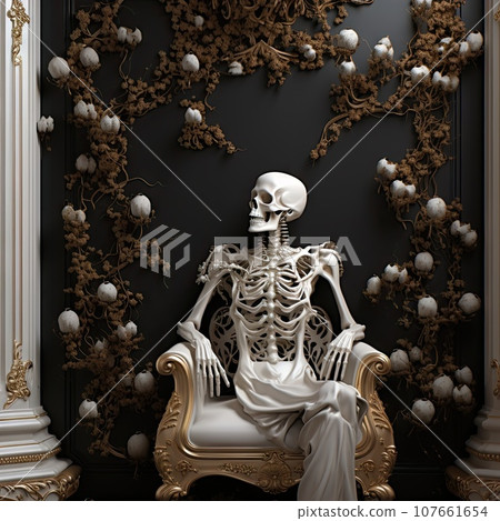 a skeleton sitting on a chair in front of a black wall with white flowers and gold trimming around it a skeleton sitting on a chair in front of a black wall with white flowers and gold trimming around it 107661654