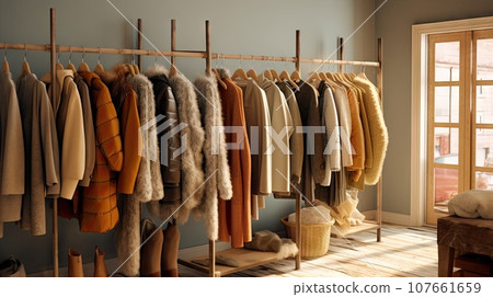 some clothes hanging on a rack in front of a window with a cat sitting next to it and a chair 107661659