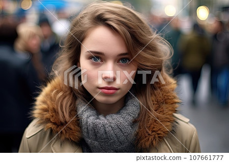 a young woman with blue eyes and brown hair, wearing a tan colored parka over her shoulders she is looking at the camera a young woman with blue eyes and brown hair, wearing a tan colored parka over her shoulders she is looking at the camera 107661777