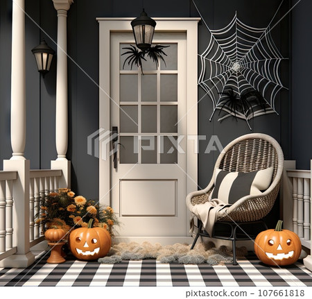 a front porch decorated for halloween with pumpkins, spiders and spider web hanging on the door to create an eerie scene 107661818