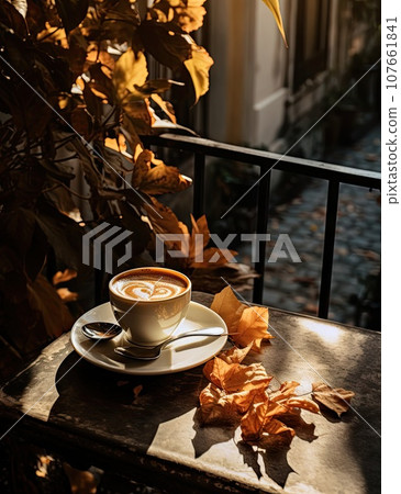 a cup of coffee on a table with autumn leaves in the foreground is blurred by the sun's rays 107661841