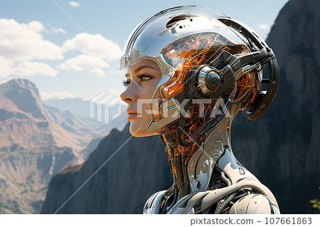 a woman wearing a futuristic suit and helmet with mountains in the background, as if it's not going anywhere 107661863