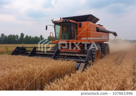 a combine harvester in the middle of a wheat field with blue sky and white clouds overhead view from above a combine harvester in the middle of a wheat field with blue sky and white clouds overhead view from above 107661996