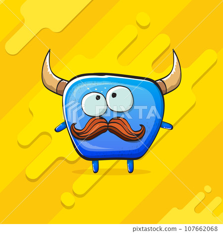 Vector cartoon funky blue monster with horn isolated on yellow background. Smiling silly blue monster print sticker design template. Ghost, troll, gremlin, goblin, devil and monster Vector cartoon funky blue monster with horn isolated on yellow background. Smiling silly blue monster print sticker design template. Ghost, troll, gremlin, goblin, devil and monster 107662068