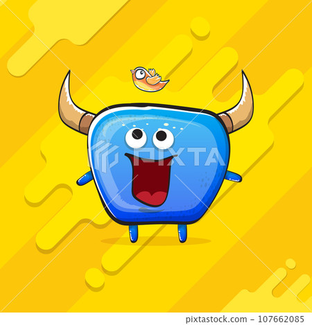 Vector cartoon funky blue monster with horn isolated on yellow background. Smiling silly blue monster print sticker design template. Ghost, troll, gremlin, goblin, devil and monster Vector cartoon funky blue monster with horn isolated on yellow background. Smiling silly blue monster print sticker design template. Ghost, troll, gremlin, goblin, devil and monster 107662085