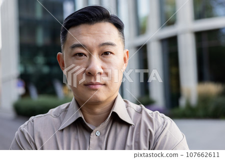 Close-up photo. Portrait of a young Asian man in a shirt standing outside on the street and looking seriously at the camera. 107662611
