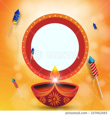 illustration of Happy Diwali background with diya and firecrackers on bokeh background. space for text. 107662665