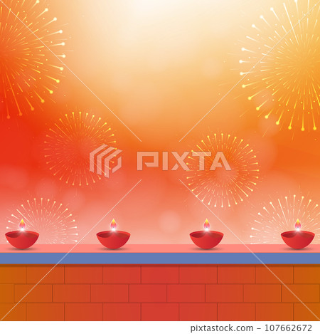 Vector illustration of Happy Diwali background with diya and fireworks. 107662672
