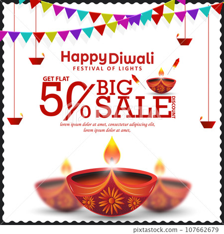 Attractive 50% discount big sale ad banner design for Diwali festival celebration. 107662679