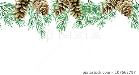 watercolor drawing. seamless border, frame with Christmas plants. spruce entrances, fir-trees. cone. vintage print, pattern for new year, christmas. 107662797