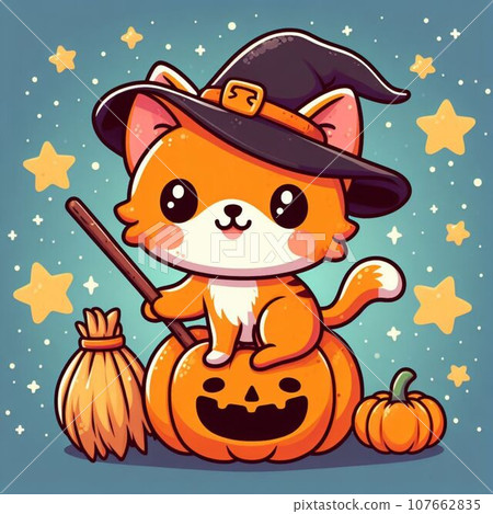 Cute cat in witch hat on the moon. Vector illustration. Cute cat in witch hat on the moon. Vector illustration. 107662835