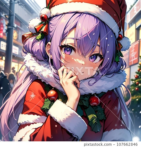 A girl wearing a Santa Claus costume looks embarrassed A girl wearing a Santa Claus costume looks embarrassed 107662846