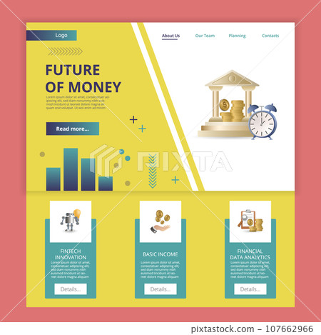 Future of money flat landing page website template. Fintech innovation, basic income, financial data analytics. Web banner with header, content and footer. Vector illustration. 107662966